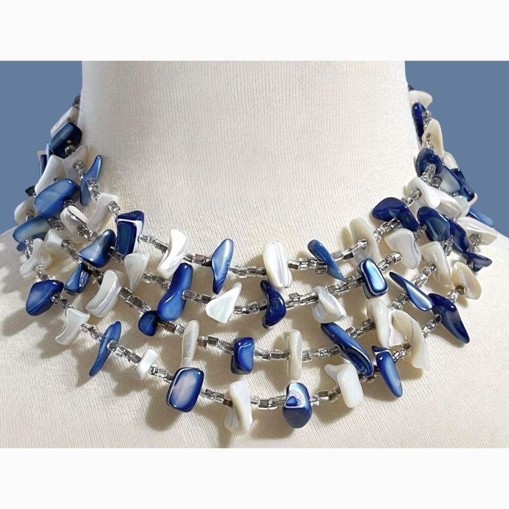 Vintage Mother of Pearl Necklace Blue Shell Chip Multi Strand Layered Choker